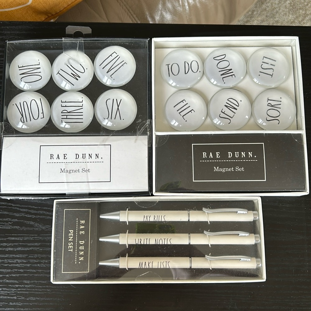 Set of 2 NEW Rae Dunn glass dome magnet sets and 3 ballpoint pen set